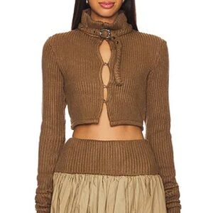 Zemeta Brown Ribbed Buckle Hook-and-Eye Closure Crop Sweater Cardigan